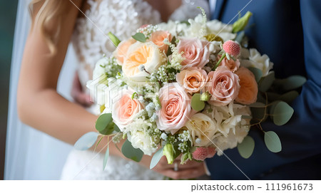 AI-generated content. Bride and groom wedding couple with a bouquet of white color flowers , generated AI 111961673