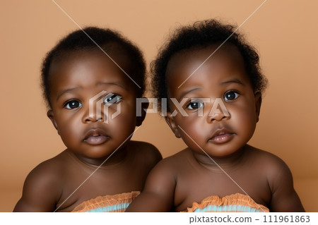 Cute African American identical twin toddlers against a pastel brown background Cute African American identical twin toddlers against a pastel brown background 111961863