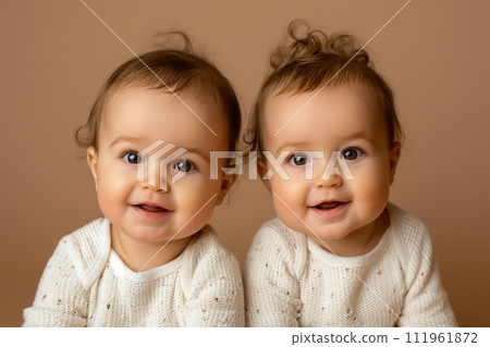 Cute Caucasian identical twin toddlers against a pastel brown background 111961872