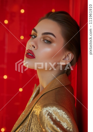 Young beautiful brunette Caucasian woman with evening makeup wears shiny golden suit at the party 111961910