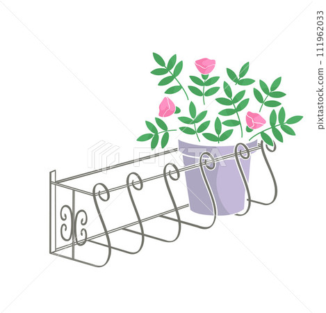 pot with a flowering plant behind a window 111962033