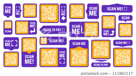Scan me QR code sticker. Online payment. Special offer sale stickers, shopping discount label or promotional badge. Serial number, product ID. Supermarket retail label, price tag. Vector illustration Scan me QR code sticker. Online payment. Special offer sale stickers, shopping discount label or promotional badge. Serial number, product ID. Supermarket retail label, price tag. Vector illustration 111962117