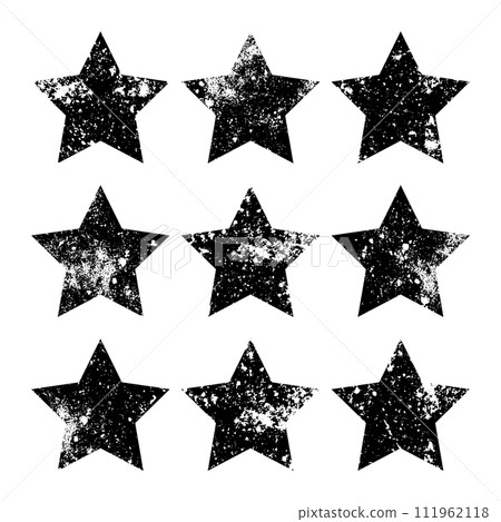 Vintage stars with cracks and stains. Old hand-drawn sign, black simple shape. Retro design element with distressed effect, grunge texture. Vector illustration Vintage stars with cracks and stains. Old hand-drawn sign, black simple shape. Retro design element with distressed effect, grunge texture. Vector illustration 111962118