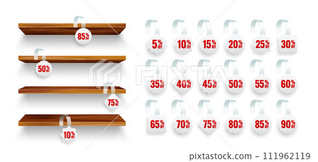 Store shelves with supermarket promotional wobblers. Wooden product shelf and advertising wobbler with percent discount. Grocery wall rack. Sale label, special offer price tag. Vector illustration Store shelves with supermarket promotional wobblers. Wooden product shelf and advertising wobbler with percent discount. Grocery wall rack. Sale label, special offer price tag. Vector illustration 111962119