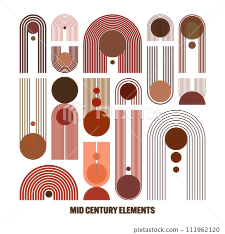 Mid century arch and circle elements, modern geometric shapes. Contemporary design, minimalist art. Trendy design elements for wall decor, posters, books, covers and flyers. Vector illustration 111962120