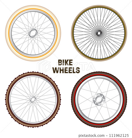 Realistic 3d retro bicycle wheels. Vintage bike rubber tyres, shiny metal spokes and rims. Fitness cycle, touring, sport, road and mountain bike. Vector illustration Realistic 3d retro bicycle wheels. Vintage bike rubber tyres, shiny metal spokes and rims. Fitness cycle, touring, sport, road and mountain bike. Vector illustration 111962125