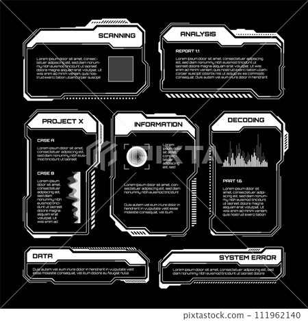 White futuristic HUD, UI elements. Sci-fi user interface text boxes, callouts. Warning message frames, information boxes template. Modern game interface layout in digital style. Vector illustration 111962140