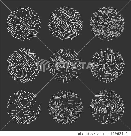 Topographic map with contour lines. Geographic terrain grid, relief height elevation. Ground path pattern. Travel and navigation, cartography design element. Vector illustration Topographic map with contour lines. Geographic terrain grid, relief height elevation. Ground path pattern. Travel and navigation, cartography design element. Vector illustration 111962141