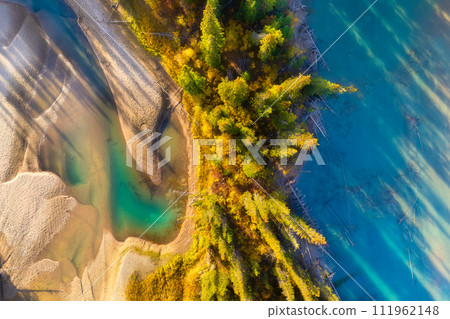 A drone view of the river in the forest. An aerial view of an forest. River among the trees. 111962148