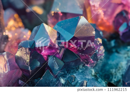 Macro shot of amethyst Quartz Crystal cluster gemstone. Beautiful crystals arrangement 111962215