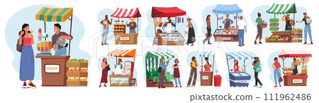 Set of Farmers Stalls With Natural Farming Production. Vendor Characters with Ice Cream, Bread, Fresh Juice and Honey 111962486