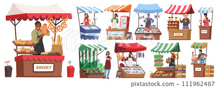 Farmers With Natural Farming Production, Ice Cream, Bread, Fresh Juice And Honey. Hot Dog, Fish Meat, Vegetables or Milk 111962487