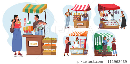 Farmers With Farming Production. Male And Female Vendor Characters Offer Fresh Juice And Honey, Meat, Dairy And Plants 111962489