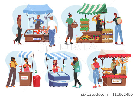 Farmers With Natural Farming Production at Outdoor Vendor Kiosks. Male And Female Characters Offering Ice Cream 111962490