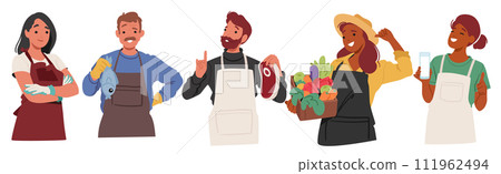 Smiling Farmers With Natural Farming Production. Male And Female Characters With Fresh Fish Meat, Vegetables And Milk 111962494
