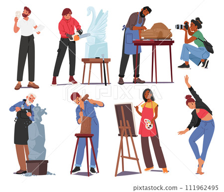 Set of Male and Female Characters Engage in Creative Professions. Artist, Theater Actor, Sculptor, Carpenter and Tailor Set of Male and Female Characters Engage in Creative Professions. Artist, Theater Actor, Sculptor, Carpenter and Tailor 111962495
