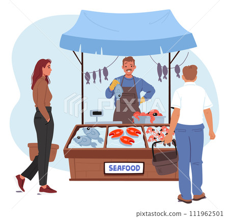 Farmer Character, Beaming With Pride, Stands At Seafood Stall, Clutching Freshly Caught Fish In His Gloved Hand 111962501