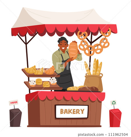 Friendly Salesman Baker Character In Apron Stands Behind A Market Stall, Offering A Freshly Baked Loaf Of Bread Friendly Salesman Baker Character In Apron Stands Behind A Market Stall, Offering A Freshly Baked Loaf Of Bread 111962504