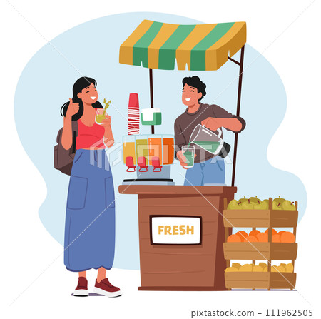 Smiling Salesman Character At A Vibrant Stall Skillfully Pours Green Fresh Juice Into A Glass, Handing It To Customer 111962505