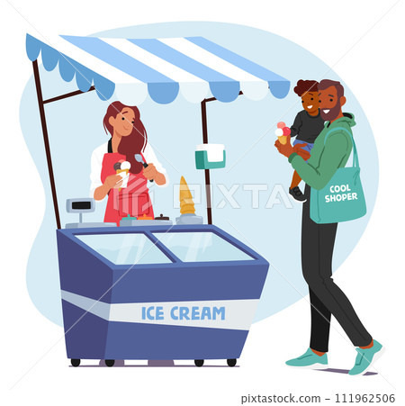 Ice Cream Seller Female Character In A Colorful Cart, Offers A Variety Of Frozen Treats, Charming Customers With Flavors 111962506