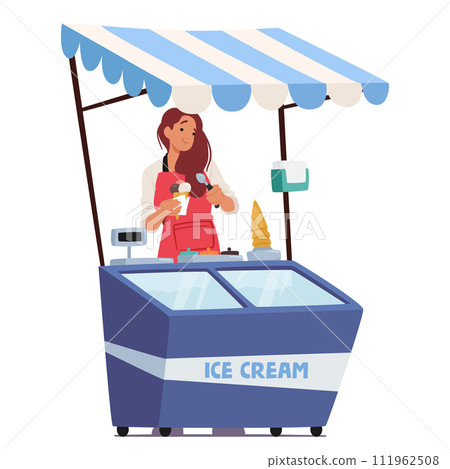 Saleswoman In A Crisp Apron Stands At Her Ice Cream Stall, Expertly Balancing A Freshly Scooped, Vibrant Ice Cream Cone Saleswoman In A Crisp Apron Stands At Her Ice Cream Stall, Expertly Balancing A Freshly Scooped, Vibrant Ice Cream Cone 111962508