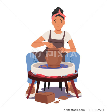 Potter Female Character Molding Clay Into Art, Engaged In Creative Profession. Ceramist Woman Shaping Vessels On Wheel Potter Female Character Molding Clay Into Art, Engaged In Creative Profession. Ceramist Woman Shaping Vessels On Wheel 111962511