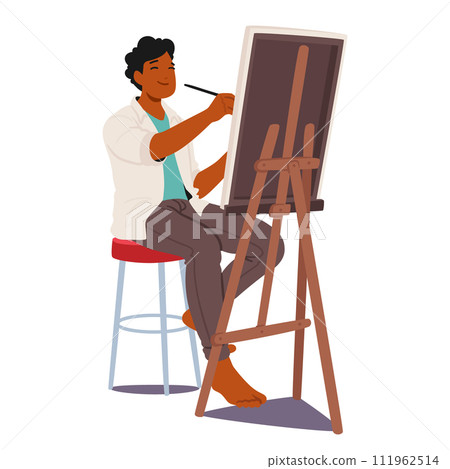 Male Artist, Immersed In Creativity, Applies Vibrant Strokes To A Canvas On An Easel, Bringing A Masterpiece To Life Male Artist, Immersed In Creativity, Applies Vibrant Strokes To A Canvas On An Easel, Bringing A Masterpiece To Life 111962514