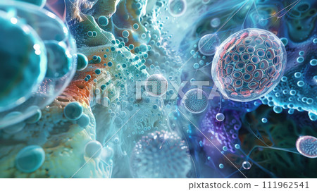 Microscopic view of organic material, structure inside cell for abstract background, micro life close-up. Concept of science, microscope, research, macro, microbiology and bacteria Microscopic view of organic material, structure inside cell for abstract background, micro life close-up. Concept of science, microscope, research, macro, microbiology and bacteria 111962541