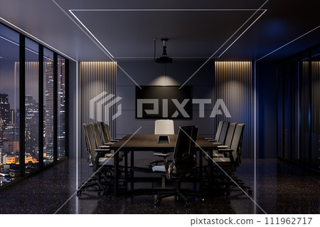 Night scene of modern style luxury black meeting room interior with city view background 3d render 111962717