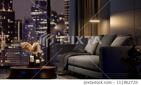 Modern style luxury black living room with blurry city view in the night background 3d render 111962720
