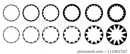 Set of round frames with wavy inner borders. Text box, mirror, photo, picture frameworks. Badges for price, discount, sale, promocode isolated on white background. Vector graphic illustration Set of round frames with wavy inner borders. Text box, mirror, photo, picture frameworks. Badges for price, discount, sale, promocode isolated on white background. Vector graphic illustration 111962787