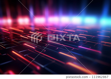 A glowing grid lit by neon lights in red and blue hues, creating a futuristic and abstract design. 111962867