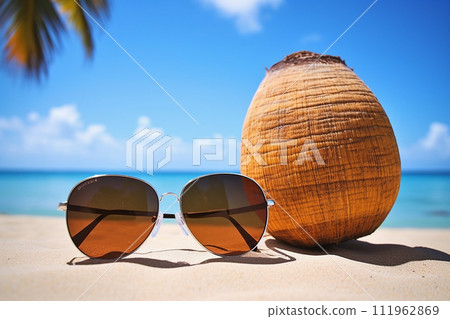 A Perfect Beach Day with Sunglasses and a Coconut on tropical beach, with background A Perfect Beach Day with Sunglasses and a Coconut on tropical beach, with background 111962869
