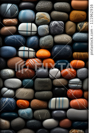 A texture of stones and pebbles in different colors, shapes, sizes in a mosaic pattern A texture of stones and pebbles in different colors, shapes, sizes in a mosaic pattern 111962916
