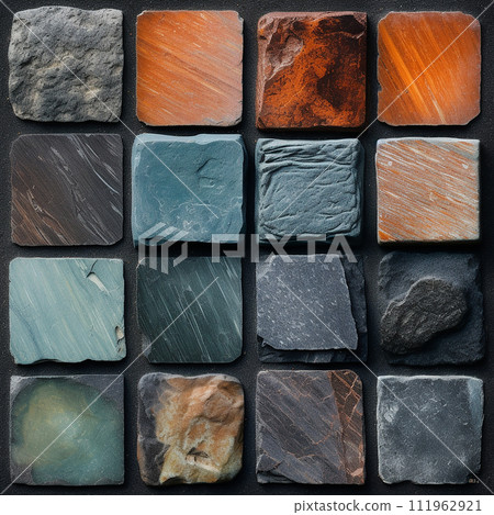 A collection of colorful stone tiles in a grid pattern 111962921