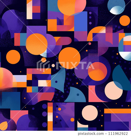 Digital art piece features a dynamic composition of geometric shapes in vibrant colors 111962922