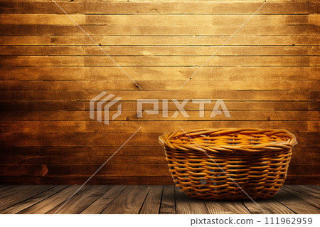 Wicker Basket with wood background and wooden table 111962959