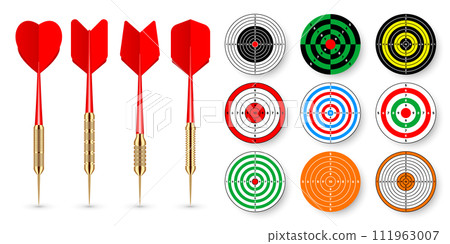 Paper targets with dart arrows and shadows. Shooting range round target, divisions, marks and numbers. Gun shooting practise and training, sport competition. Bullseye and aim. Vector illustration 111963007