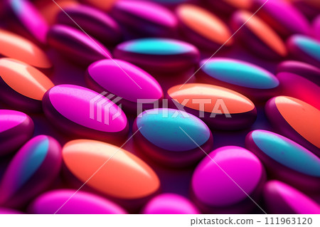 Colorful oval shaped tablets in close-up 111963120