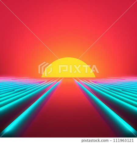 Abstract neon sunset setting over digital waves, in a vibrant red and blue Abstract neon sunset setting over digital waves, in a vibrant red and blue 111963121