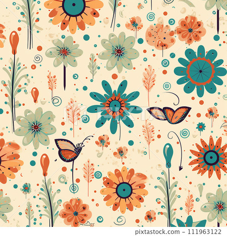 Floral pattern with colorful flowers and butterflies on a light background, wallpaper, 111963122