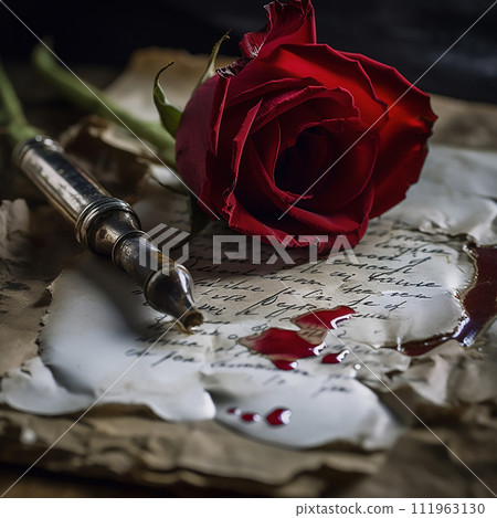 Vintage pen, red rose, and ink stained love letter 111963130