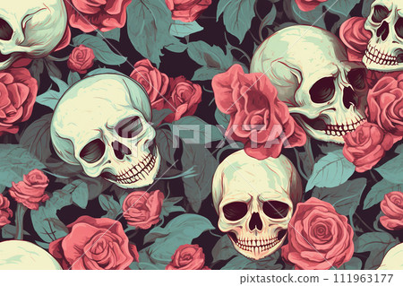 Gothic Floral pattern with blooming Roses and Skull Gothic Floral pattern with blooming Roses and Skull 111963177
