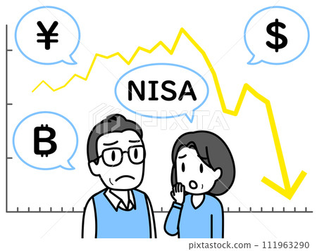 A chart with a downward trend and a middle-aged and elderly couple with a gloomy expression (line graph/currency symbol) 111963290
