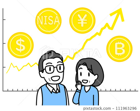 Upward trend chart and middle-aged and elderly couple with bright expressions (line graph, gold coins) 111963296