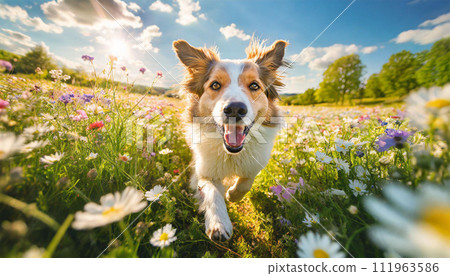 一隻快樂的狗在花田裡奔跑 生成人工智慧 111963586