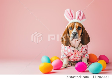 AI-generated content. Happy dog with bunny ears for Easter, Banner for your advertisement, Easter bunny, happy Easter. 111963642