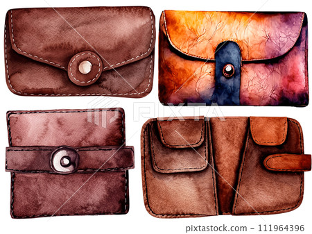 Collection of materials for watercolor-style leather accessories and leather wallets AI images 111964396