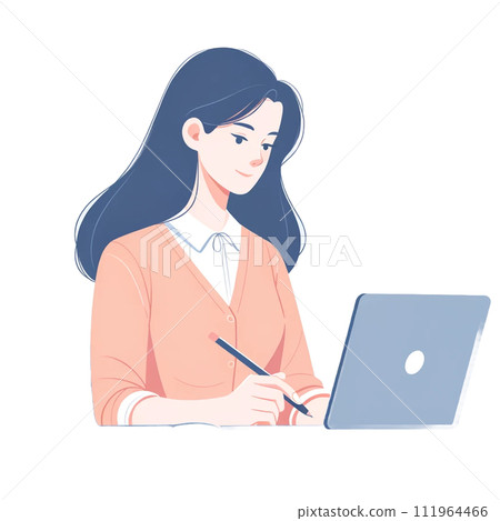 一位女士一邊使用筆記型電腦一邊學習 111964466