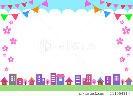 春季活動框架城市景觀、花環和櫻花 111964514